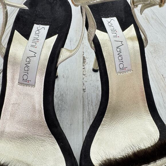 Santini Mavardi Black Suede Real Fur Trim Unique Gold Heels Designer Sz 40 US 9 - Picture 12 of 13